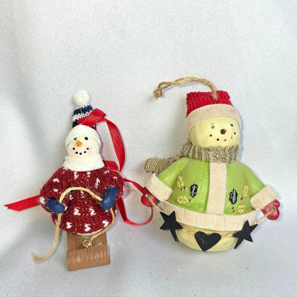 Vintage Style Snowman Christmas Ornament Set Sledding Folk Art Holiday Decor